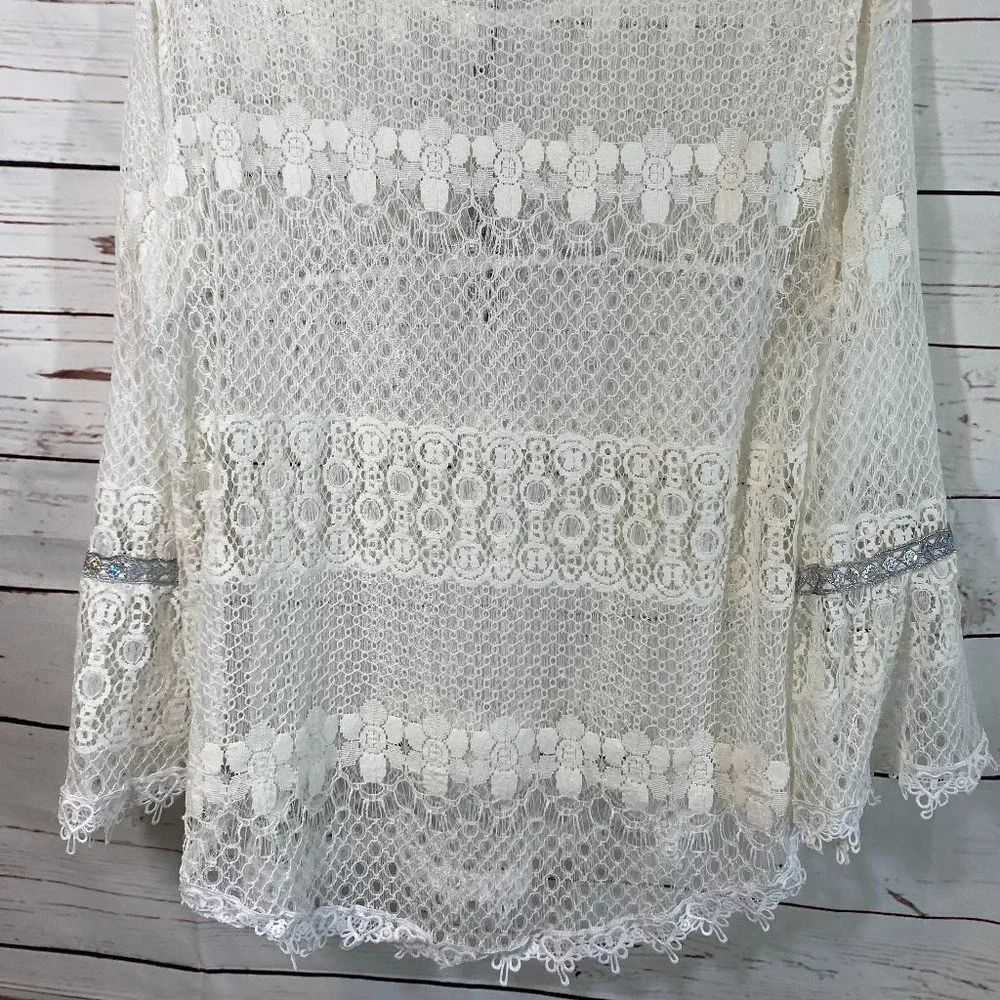 Arrianna by Howard's Ivory Sheer Lace Long Sleeve Top Women's Size Small Medium - Picture 9 of 11